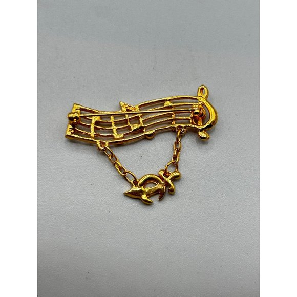 Signed ORA Vintage Musical Pin Brooch with Dangling Charm Gold Tone & Rhinestone - Picture 3 of 5